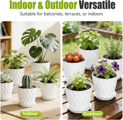 8 Inch Plastic Plant Pots,Set of 5 Flower Pots,Planters with Drainage Holes & Saucers, Indoor Outdoor Garden Pots for Home Decor(White)
