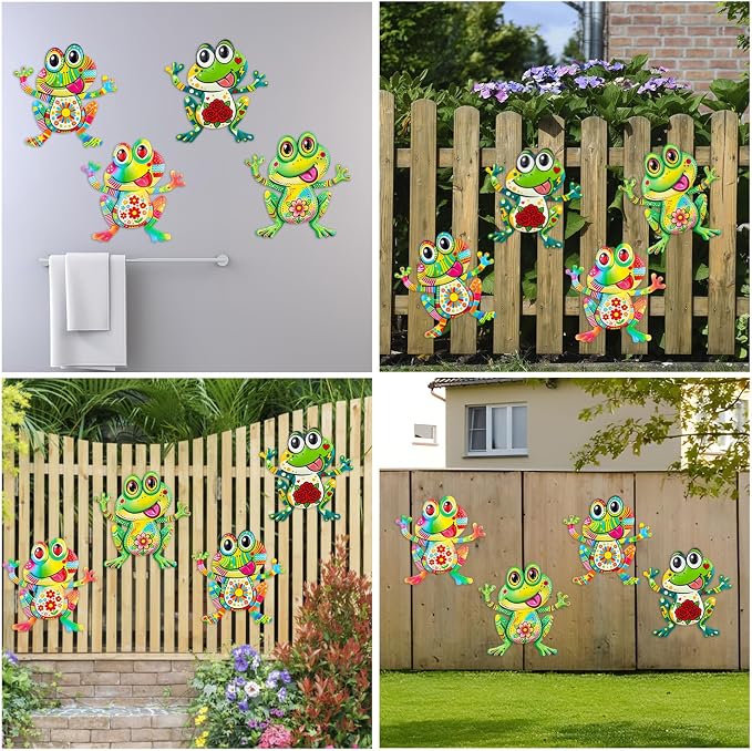 Junware Metal Frog Wall Decor, 4Pcs Frog Iron Wall Art Sculptures Art Frogs Wall Hanging Sculpture Decoration. Outdoor Fence Art for Home Garden, Fence, Patio, Yard, Bedroom Outside Gifts for Adults
