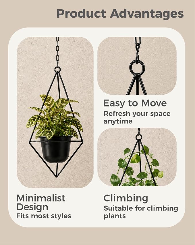 Bamworld Black Hanging Planters for Indoor Outdoor Plants Metal Hanging Pots for Plants 5 Inch Modern Hanging Basket Window Plant Hanger Ceiling Hanging Flower Pot with Chain for Wall Decor (Diamond)