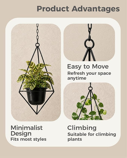 Bamworld Black Hanging Planters for Indoor Outdoor Plants Metal Hanging Pots for Plants 5 Inch Modern Hanging Basket Window Plant Hanger Ceiling Hanging Flower Pot with Chain for Wall Decor (Diamond)