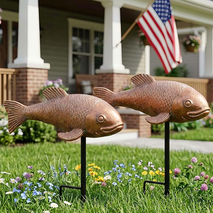 Koi Pond Decor - 2PCs Large Ceramic Bronze Antique Koi Fish Statue, Resin Real Fish Sculpture, Elegant Garden Art & Outdoor Statues for Patio