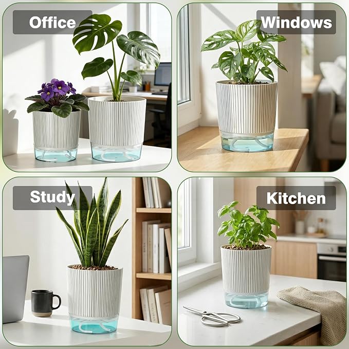6 Pack Self Watering Pots for Indoor Plants, 4+5.5+6.3 Inch Self Watering Plant Pots Set, Flower Pots with Wick Rope and Reservoir for African Violet, Spider Plant, Orchid