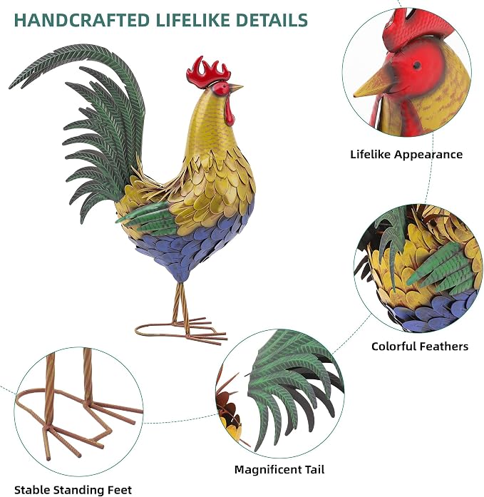 32" Oversized Metal Rooster Statue, Large Yard & Kitchen Decor | Durable Metal with Hand-Painted Finish, Farmhouse Rooster Chicken Decor for Yard, Garden, Patio