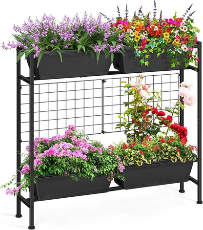 OYEAL Raised Garden Beds Outdoor with Legs 32" Tall Herb Garden Planters Box Raised Flower Beds for Gardening, Vertical Privacy Planter with Trellis for Patio, Porch, Backyard, Balcony, Grey