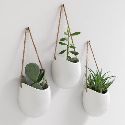 Kazai. Wall Planters -Ellie- | Hanging Ceramic Plant Pots 3 Pieces | Wall Decoration for Indoors, Balcony and Garden | White (Glossy)