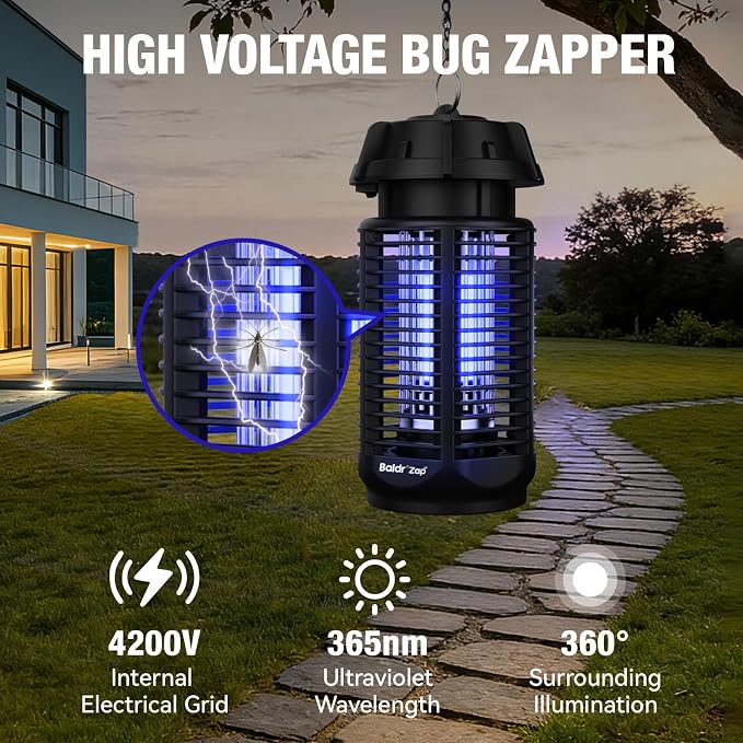 BALDR Bug Zapper Outdoor Indoor, 20W Power & 4200V Instant Grid Mosquito Repellent, Coverage of 1/2 Acre Fly Trap for Patio, Backyard, Home，2 Pack