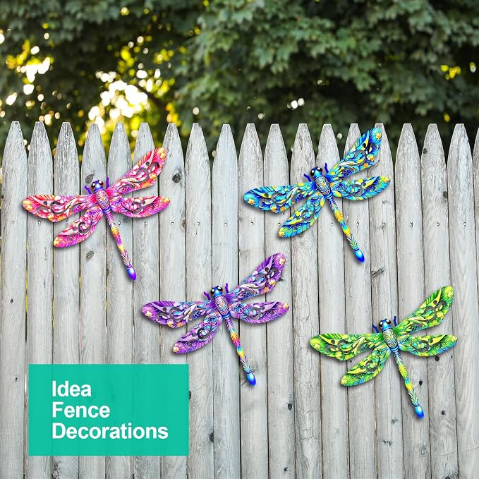Metal Dragonfly Wall Decor, 4 Pcs Metal Dragonflies Wall Art Hanging Sculptures Decorations for Outdoor Decor, Fence Garden Yard Patio Exterior Decor Rust-Proof Weatherproof