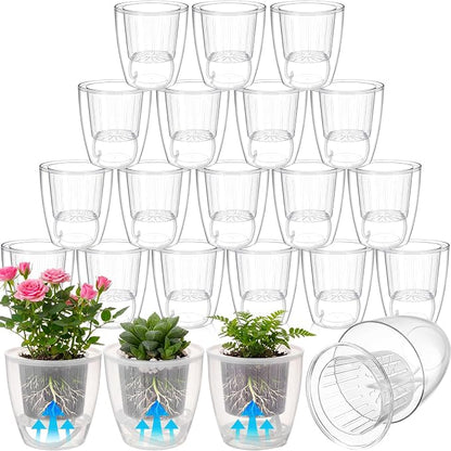 18 Pcs Self Watering Pots 4.3 Inch Plastic Flower Plant Pot with Inner Pot Self Watering Wick Planter White Clear Flower Pots for Indoor House Plants Herbs, Flowers, Succulents (Transparent)