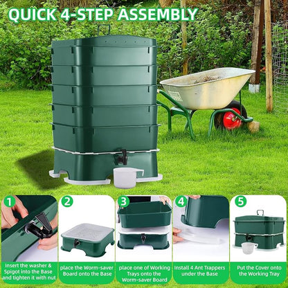 5-Tray Worm Compost Bin, Worm Composter for Outdoor & Indoor, 5-Tray ecocultivatify Wormie's Home Plus, Worm Bin Set for Recycling Household Waste (Dark Green)