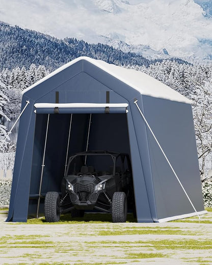 7x15 ft Outdoor Storage Shed, Portable Carport with Roll-up Ventilated Zipper Door and Windows, Heavy Duty Waterproof Tarp, Storage Sheds for Motorcycle, Bike, Firewood, Garden Tools