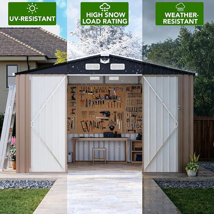 MXV 10 x 8FT Outdoor Storage Shed, Metal Garden Shed with Windows, Double Lockable Doors & Sloped Roof, Magnetic Solar Lamp, Waterproof Tool Sheds for Backyard Garden Patio Lawn, Brown