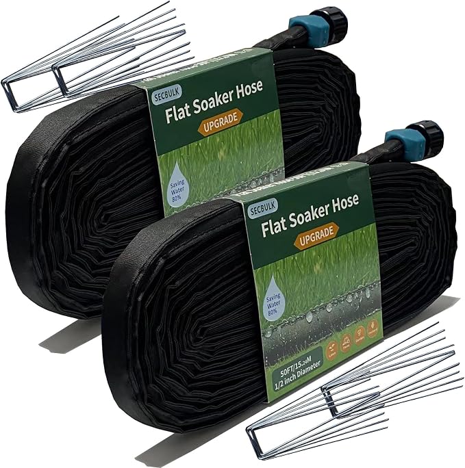 Secbulk 2026 Flat Soaker Hose 100 ft with Stakes for Garden, 50ft x 2 Linkable Drip Hose Diy Garden Irrigation System Saving 80% Water, Dual-layer Leak-free Design Water Hose with Holes