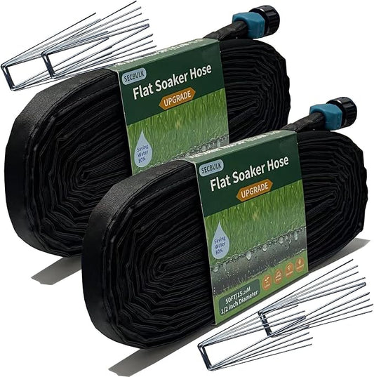 Secbulk 2026 Flat Soaker Hose 100 ft with Stakes for Garden, 50ft x 2 Linkable Drip Hose Diy Garden Irrigation System Saving 80% Water, Dual-layer Leak-free Design Water Hose with Holes