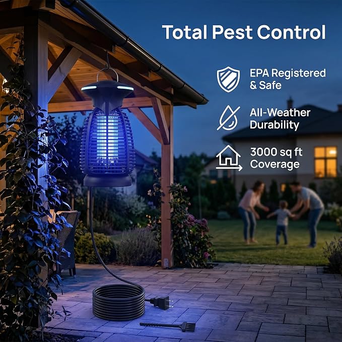 Electric Bug Zapper Outdoor, 4200V Mosquito Zapper with 20W UV Light, Plug-in Insect Killer with Removable Tray, Hanging Fly Trap for Patio, Porch, Backyard, Garage and Indoor Use