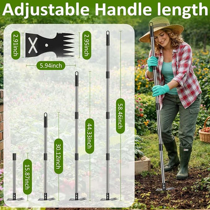 Weed Puller Tool with Long Handle-Vertical Adjustable Weeder, 2-in-1 Garden Hoe and Weeding Rake Combination, Weeding Tool for Garden, Lawn, Farm and Courtyard