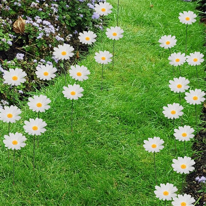 20pcs Daisy Flower Stakes 12Inch Garden Stakes Decoration Yard Lawn Ornaments Waterproof Flower Pot Indoor Outdoor Yard Stakes for Signs