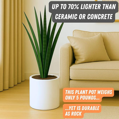 Fox & Fern Large Indoor Planter, Modern Large Plant Pot for Indoor or Outdoor, UV and Frost Resistant - 10 Inch, Glossy White Flower Pot with Drainage Plug, Lightweight
