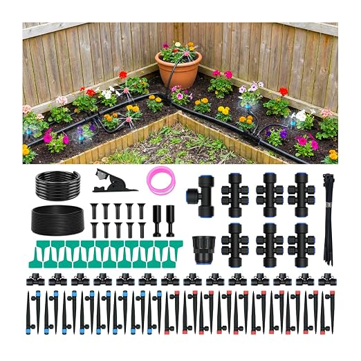 230FT Drip Irrigation Kit with 34 Emitters, 3 Spray Types, Push-Fit System | Extra long irrigation system with 3 adjustable water-saving misting nozzles for watering of large garden areas, leak-free