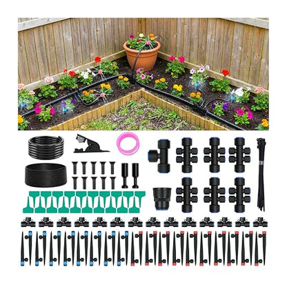 230FT Drip Irrigation Kit with 34 Emitters, 3 Spray Types, Push-Fit System | Extra long irrigation system with 3 adjustable water-saving misting nozzles for watering of large garden areas, leak-free