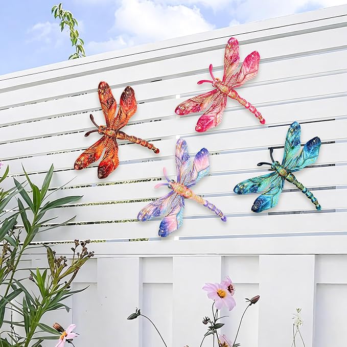 SUNREEK Metal Dragonfly Wall Decor - 9.6" Outdoor Fence Wall Art, Hanging Decorations for Garden Yard Patio Room Decorations, 4 Pack (Color-2)