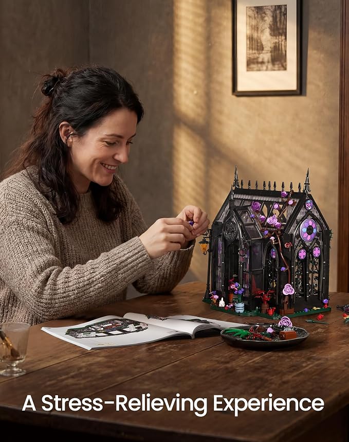 Gothic Greenhouse Building Set with Lights, Architecture Model with Stained Glass & Rose Vines, Botanical Garden Display with Flowers & Plants, Gothic Decor Building Blocks Gift for Adults 1378 Pieces