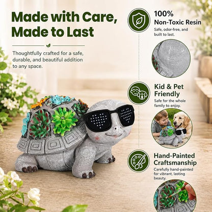 Unique Solar Garden Turtle Statue with I Love You LED Sunglasses and Succulent LED Lights, Lawn Decor Tortoise Figurine for Patio, Balcony Yard Ornament for Mom, Women & Grandma