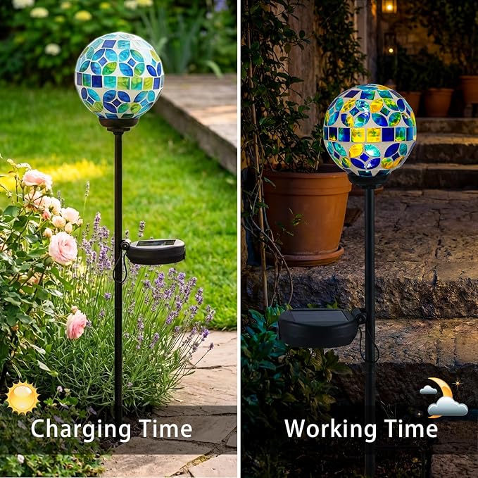 VCUTEKA Solar Lights Outdoor Decorative - Waterproof Mosaic Solar Garden Light, LED Pathway Stake for Landscape Lawn Patio Yard, Solar Globe Lights Outdoor, 1 Pack Green Blue