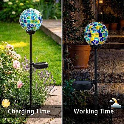 VCUTEKA Solar Lights Outdoor Decorative - Waterproof Mosaic Solar Garden Light, LED Pathway Stake for Landscape Lawn Patio Yard, Solar Globe Lights Outdoor, 1 Pack Green Blue