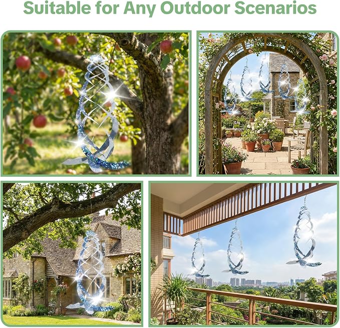 OFFO Bird Reflectors, 14.8 inch Double-Sided Reflective Bird Scare Devices with Stainless Steel Hook, Spiral Reflectors Outdoor Garden Decor for Tree Patio Farm Orchard Porch Pool, 4 PCS
