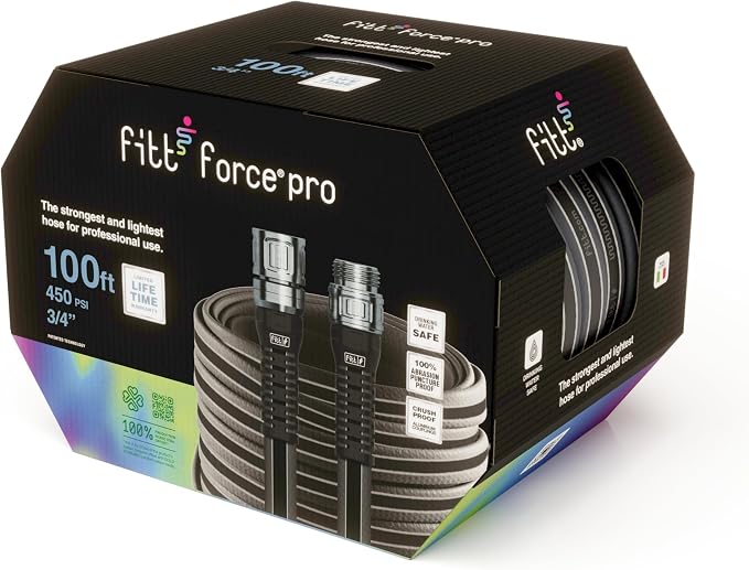 FITT Force Pro Water Hose, Lightweight Ultra Flexible Durable Kink-Free Heavy-Duty Commercial Grade Flat Garden Hose, Grey and Blue, 100-Feet x 3/4-Inch