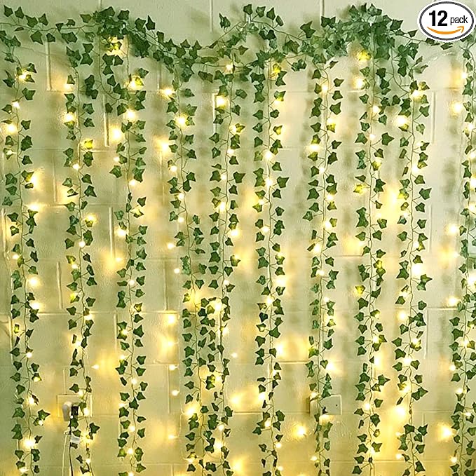 DEKEones 12 Packs Artificial Ivy, 84FT Garland Hanging Plants Fake Vines with 200 LED String Light for Bedroom Wedding Party Garden Wall Room Home Decor
