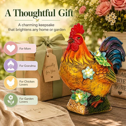 Solar Garden Statues Colorful Rooster and LED Lights Birthday Gifts for Women Mom Grandma Solar Outdoor Cat Decor for Outside,Outdoor Solar Lights for Yard, Garden and Patio, Unique Gift for Women