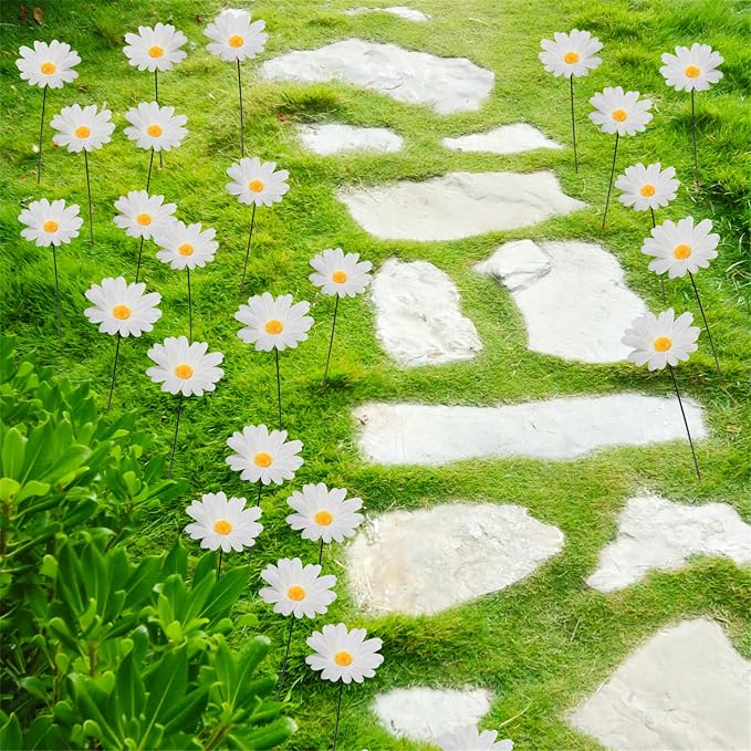 20pcs Daisy Flower Stakes 12Inch Garden Stakes Decoration Yard Lawn Ornaments Waterproof Flower Pot Indoor Outdoor Yard Stakes for Signs