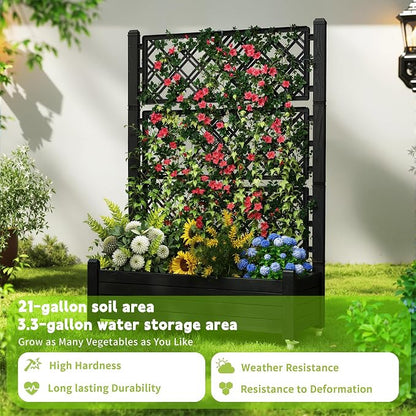 PatioZen Raised Garden Bed with Trellis, 21 Gallon Self Watering Planter Box with Lockable Wheels & Drainage Holes for Climbing Plants Vegetables Flowers, Anti-Rust Resin for Backyard Patio (Black)