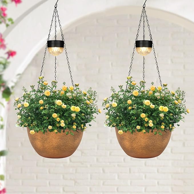 SUNNYPARK 2 Pack Solar Hanging Planters for Plants Outdoor | Self Watering, Bronze Flower Pots with Solar Light, Hanging Garden Planters with Drainer for Balcony Patio Outdoor Decor