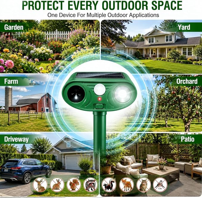 Sonic Fortress Pro Deer Repellent Solar Animal Repellent Outdoor (4pack) | Solar Animal Repellent with PIR Sensor & Flashing Light, Deer Rabbit Squirrel Raccoon Cat Deterrent for Yard Garden Farm