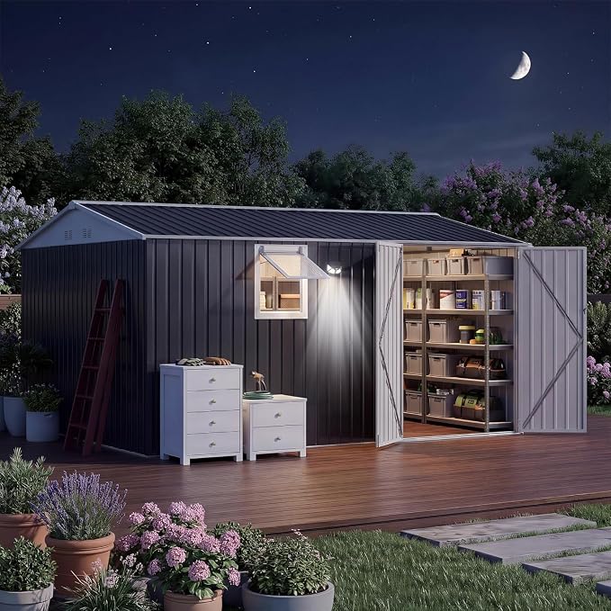 Garvee 10 x 12 FT Heavy-Duty Metal Outdoor Storage Shed with Motion Sensor Solar Light and Window,Pegboard Tool Organizer, Lockable Doors and 4 Air Vents, Garden Shed for Patio, Garage, Backyard