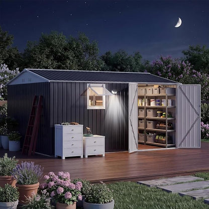 Garvee 10 x 12 FT Heavy-Duty Metal Outdoor Storage Shed with Motion Sensor Solar Light and Window,Pegboard Tool Organizer, Lockable Doors and 4 Air Vents, Garden Shed for Patio, Garage, Backyard