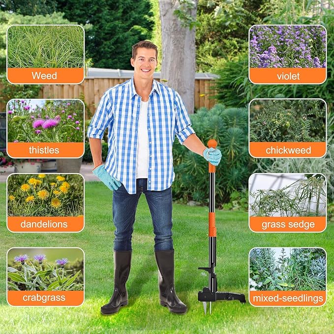 Weed Puller Tool Stand-Up - 40" Long Handle Weed Picker with Leaf Bag, 4 Claws Stainless Steel & Foldable Foot Board, Easy Weeding Removal, No Bending