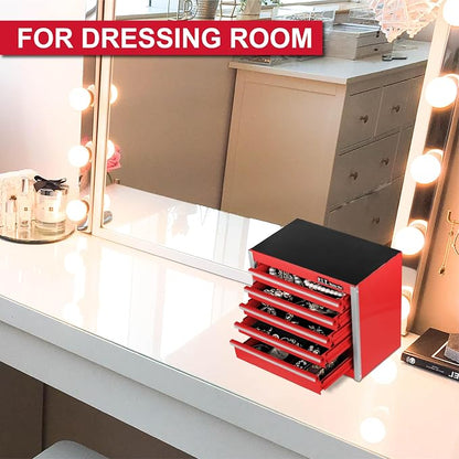 P.I.T. Mini Steel Tool Box,3 Drawer and 5 Drawer Stackable Toolbox with Magnetic Tab Locking,Red