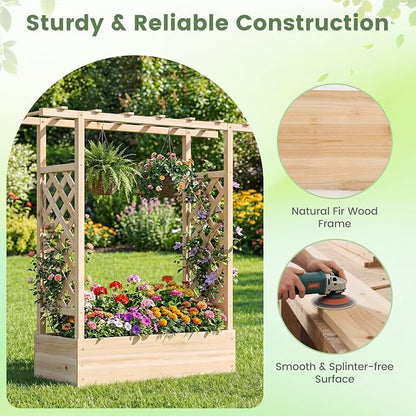Giantex Wooden Raised Garden Bed with Trellis & Hanging Roof, Fir Wood Planter Box, 45" Freestanding Elevated Garden Bed for Outdoor Climbing Plants Vegetables Flowers, Patio & Balcony, Natural