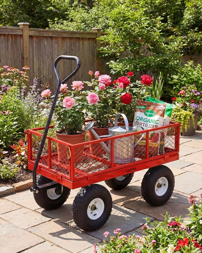 Garvee Versatile Outdoor Utility Cart - 400LBS Heavy-Duty, 10" All-Terrain Pneumatic Tires, Easy Maneuverable Lawn Cart with Removable Mesh Panels for Gardening & Landscaping,Red