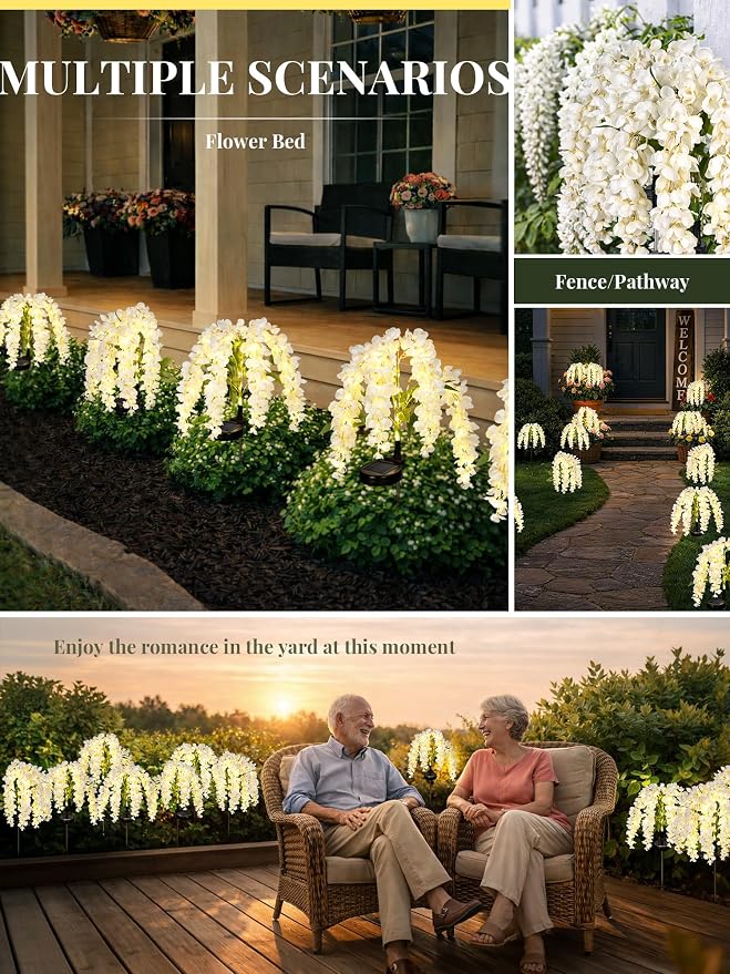 GIGALUMI Solar Lights Outdoor for Garden Decor, 3 Pack Solar Flower Lights Waterproof, 2 Lighting Modes Wisteria for Pathway,Yard, Patio Decoration, Gardening Gifts for Women (White)