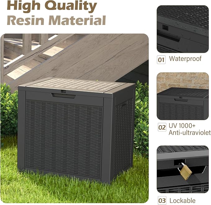 Outdoor Storage Box, 32 Gallon Deck Box with Lockable Lid, Waterproof Resin Storage Bin for Patio Furniture, Garden Tools, Cushions, Black