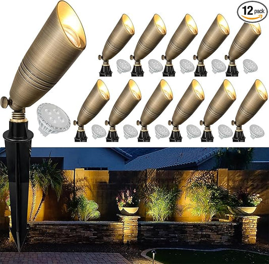GKOLED Brass LED Outdoor Landscape Spotlights, 12V Low Voltage Spot Light, Waterproof Landscape Lights, Uplighting for Garden, Yard, Antique Bronze Accent Lighting Fixture with MR16 Bulb, 12 Pack