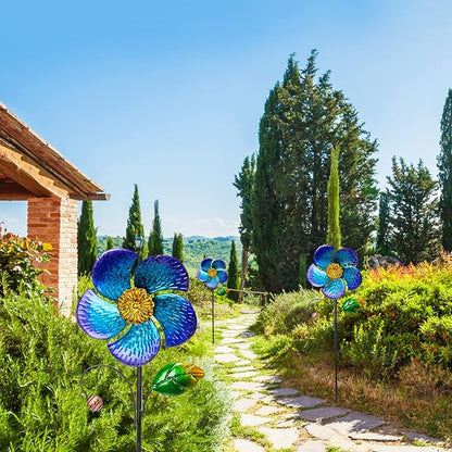Viveta 2 Pack Wind Spinners with Metal Stake, Outdoor Garden Pinwheels | Blue Flower Shape Design Garden Spinners for Yard Lawn Patio Decor ,28.7 inches
