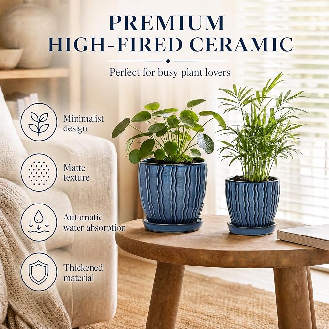 Ceramic Plant Pots, 4.5+5.5 Inch Small Plant Pots, Flower Pots Indoor Planters with Drainage and Tray, Modern Indoor Plant Pots for Home and Office, Indoor Planters with Drainage