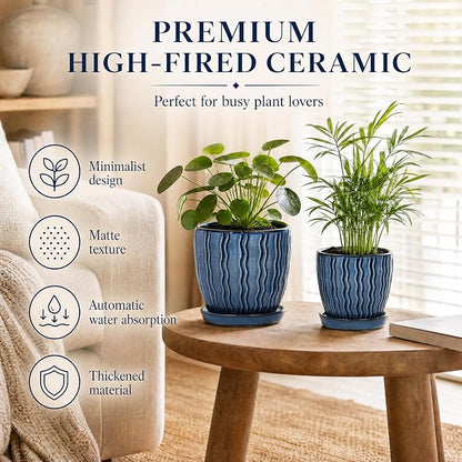 Ceramic Plant Pots, 4.5+5.5 Inch Small Plant Pots, Flower Pots Indoor Planters with Drainage and Tray, Modern Indoor Plant Pots for Home and Office, Indoor Planters with Drainage