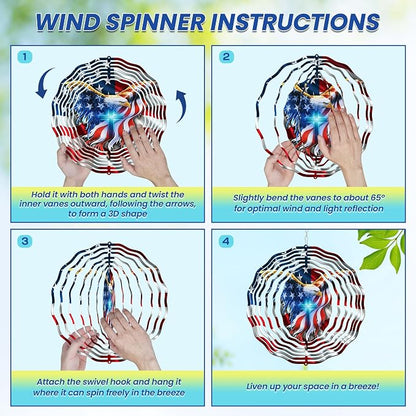 FLAGWIX American Eagle Decorations - 3D Stainless Steel Metal Wind Spinners 12 in - 4th of July Decorations for Window Yard Garden Patio, Patriotic Outdoor Decor, Eagles Gifts for Men Women Friends