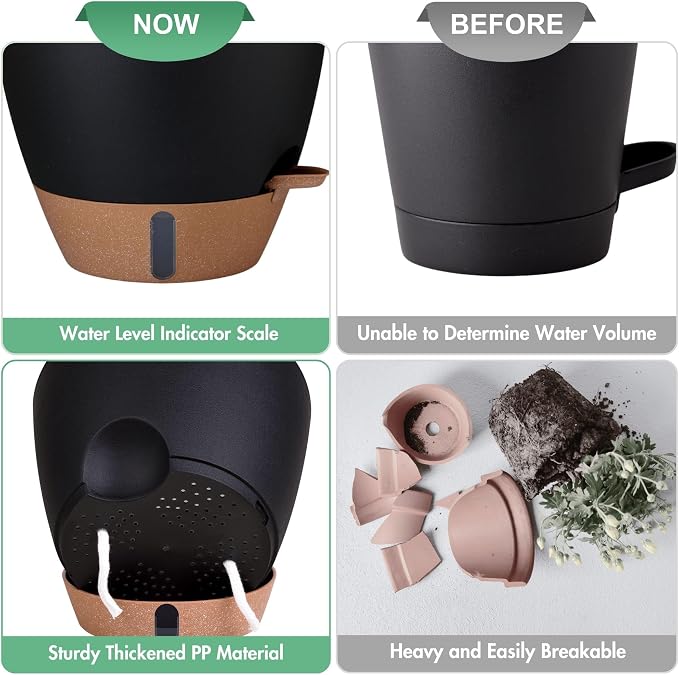 montresor 5-Pack Easy Plant Self Watering Pots for Indoor Plants, 10/9/8/7/6.5Inch PP Plastic Wicking Pots with Water Level Indicator & Plant Pots with Reservoir, Self Watering Planters, Black